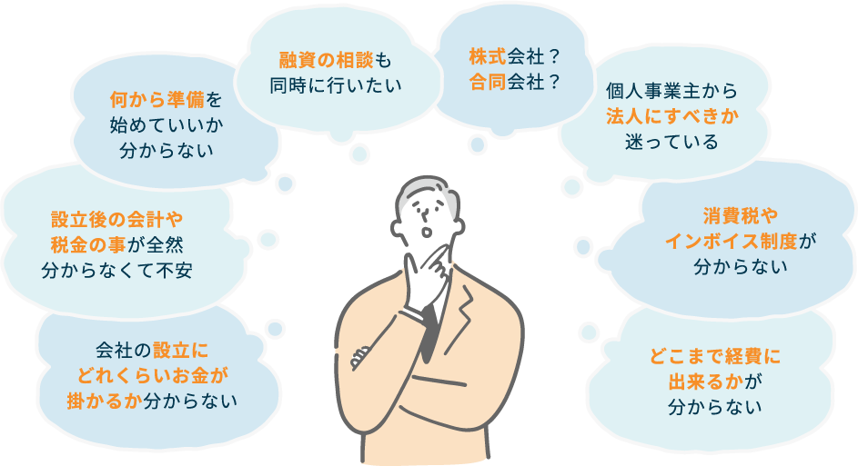 会社の設立にどれくらいお金が掛かるか分からない　設立後の会計や税金の事が全然分からなくて不安　何から準備を始めていいか分からない　融資の相談も同時に行いたい　株式会社？合同会社？　個人事業主から法人にすべきか迷っている　消費税やインボイス制度が分からない　どこまで経費に出来るかが分からない